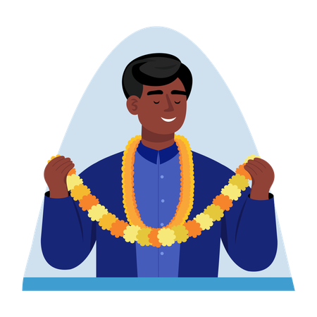 Indian man holding Flower garland  Illustration