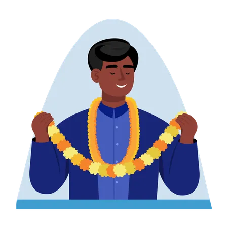 Indian man holding Flower garland  Illustration