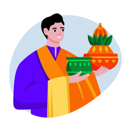 Indian man holding Kalash  Illustration