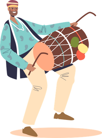 Indian man in national clothes playing on dhal drums  Illustration