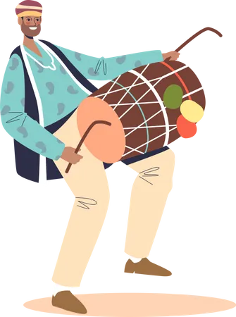 Indian man in national clothes playing on dhal drums  Illustration