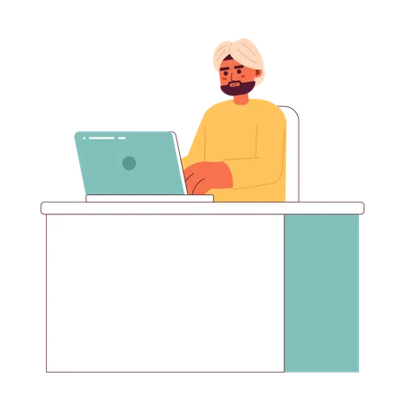 Indian Man In Turban Typing On Laptop 2 D Vector Isolated Spot Illustration Busy Man Typing On Laptop Flat Character On White Background Office Work Colorful Editable Scene Illustration