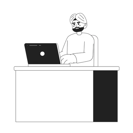 Indian Man In Turban Typing On Laptop 2 D Vector Monochrome Isolated Spot Illustration Busy Man At Office Flat Hand Drawn Character On White Background Office Work Editable Outline Cartoon Scene Illustration