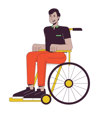 Indian Man In Wheelchair Flat Line Color Vector Character Person With Disability Young Man Editable Outline Full Body Person On White Simple Cartoon Spot Illustration For Web Graphic Design Illustration