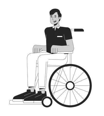 Indian Man In Wheelchair Flat Line Black White Vector Character Person With Disability Young Man Editable Outline Full Body Person Simple Cartoon Isolated Spot Illustration For Web Graphic Design Illustration