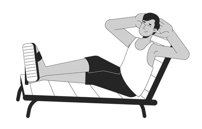 Indian Man Resting On Black And White 2 D Line Cartoon Character Happy South Asian Male At Beach Resort Isolated Vector Outline Person Long Awaited Vacation Time Monochromatic Flat Spot Illustration Illustration