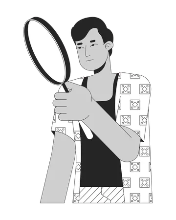 Indian Man Looking Through Loupe Black And White 2 D Line Cartoon Character Magnifying Glass Holding Guy Isolated Vector Outline Person Evaluation Inspecting Monochromatic Flat Spot Illustration Illustration
