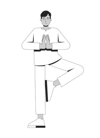 Indian man practicing tree pose in yoga  Illustration