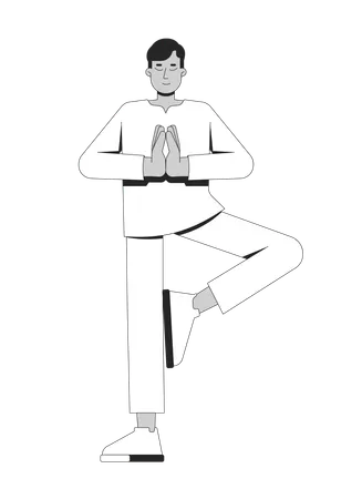 Indian man practicing tree pose in yoga  Illustration
