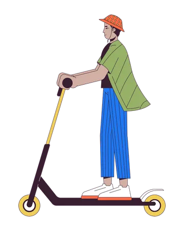 Indian Man Riding Kick Scooter 2 D Linear Cartoon Character Young Male Choosing Eco Friendly Vehicle Isolated Line Vector Person White Background Sustainability Color Flat Spot Illustration Illustration