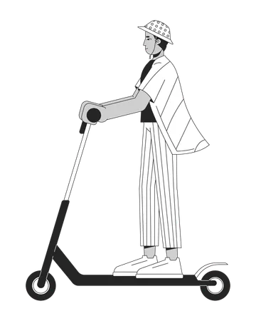 Indian Man Riding Kick Scooter Black And White 2 D Line Cartoon Character Young Male Choosing Eco Friendly Vehicle Isolated Vector Outline Person Sustainability Monochromatic Flat Spot Illustration Illustration