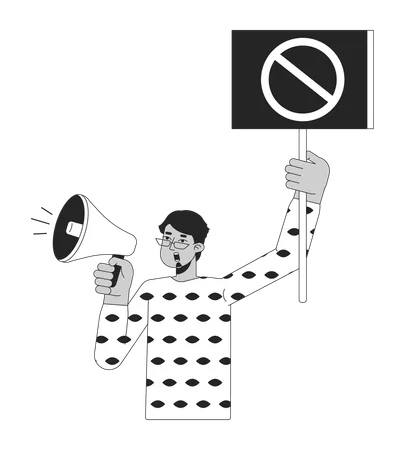Indian Man Shouting In Megaphone Flat Line Black White Vector Character Slogan On Banner Editable Outline Half Body Person Simple Cartoon Isolated Spot Illustration For Web Graphic Design イラスト