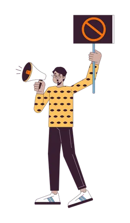 Indian Man Shouting Into Megaphone Flat Line Color Vector Character Holding Banner Editable Outline Full Body Person On White Protest Simple Cartoon Spot Illustration For Web Graphic Design イラスト