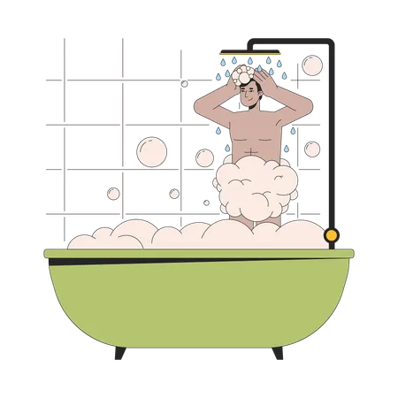 Indian Man Showering In Bathtub 2 D Linear Cartoon Character South Asian Young Adult Male Isolated Line Vector Person White Background Washing Hair With Shampoo Color Flat Spot Illustration Illustration
