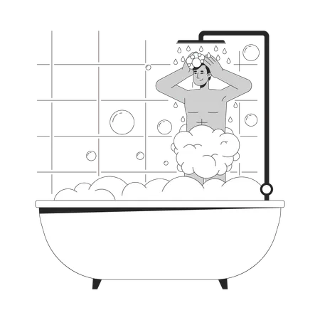 Indian Man Showering In Bathtub Black And White 2 D Line Cartoon Character South Asian Young Adult Male Isolated Vector Outline Person Washing Hair With Shampoo Monochromatic Flat Spot Illustration Illustration