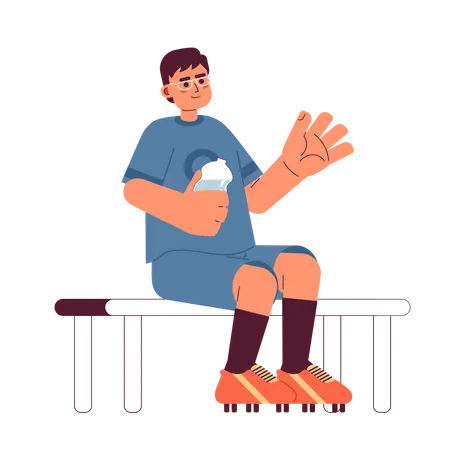 Asian Man Sitting And Holding Water Semi Flat Color Vector Character Football Player In Uniform Editable Full Body Person On White Simple Cartoon Spot Illustration For Web Graphic Design Illustration