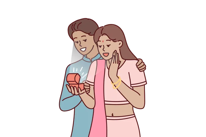 Indian Man Surprises Wife With Box Of Jewelry Or Engagement Ring As Token Of Love And Devotion Guy And Girl In Indian National Costumes During Romantic Date Or Engagement Ceremony Illustration