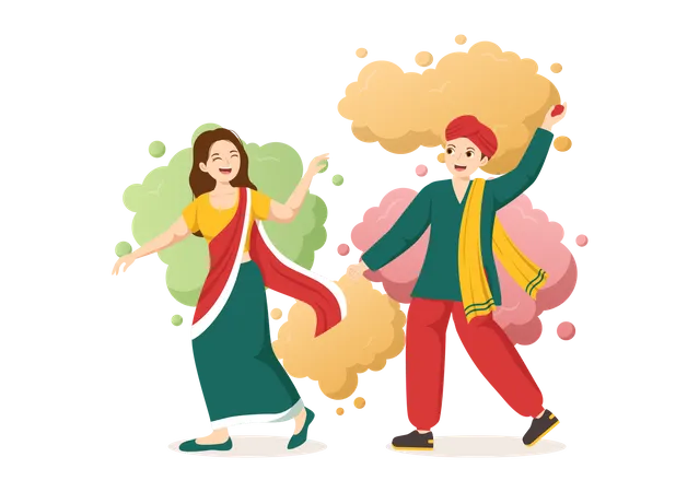 Indian man throwing Holi color on girl  Illustration