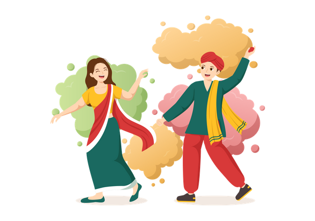 Indian man throwing Holi color on girl  Illustration
