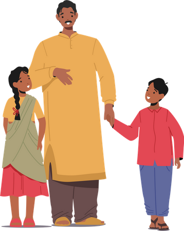Indian man wear long yellow robe posing with kids Illustration