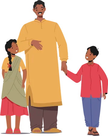 Indian man wear long yellow robe posing with kids Illustration