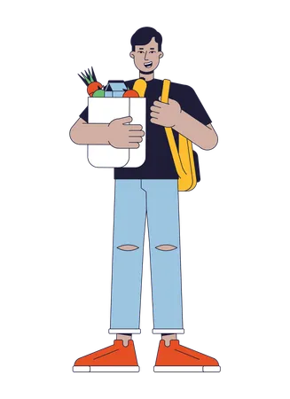 Indian Man With Purchases Flat Line Color Vector Character Male Holding Backpack Go Shopping Editable Outline Full Body Person On White Simple Cartoon Spot Illustration For Web Graphic Design Illustration