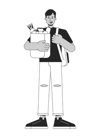 Indian Man With Purchases Flat Line Black White Vector Character Male Holding Backpack Shopping Editable Outline Full Body Person Simple Cartoon Isolated Spot Illustration For Web Graphic Design Illustration