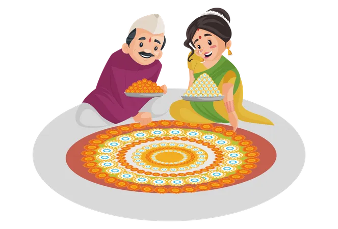 Indian Marathi couple is decorating the floor with flowers  Illustration