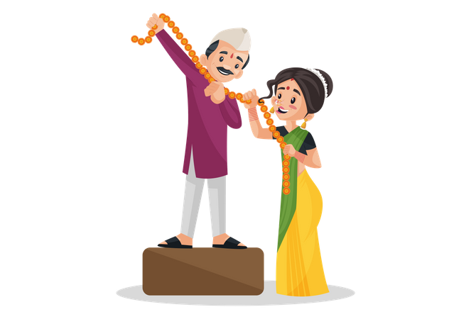 Indian Marathi couple is flirting while decorating with flowers garland  Illustration