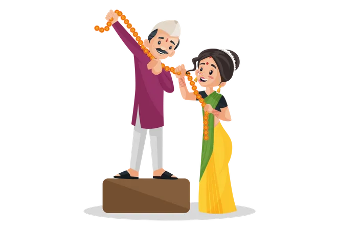 Indian Marathi couple is flirting while decorating with flowers garland  Illustration