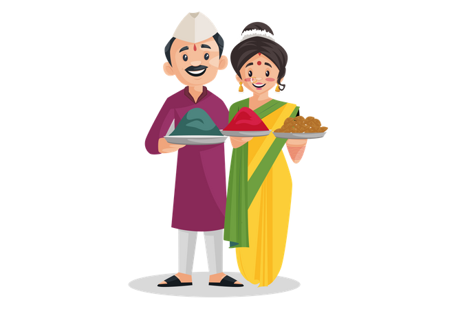 Indian Marathi couple is holding sweets and color plate in her hands  Illustration