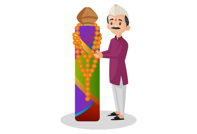 Indian Marathi man doing worship on Marathi new year  일러스트레이션