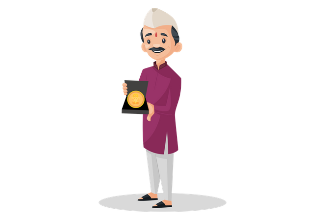 Indian Marathi man is holding a gold coin of Lord Ganesh in hand Illustration