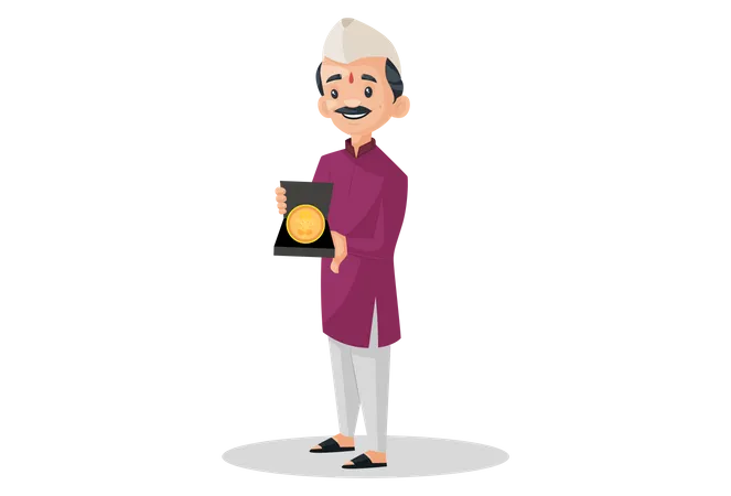 Indian Marathi man is holding a gold coin of Lord Ganesh in hand  Illustration