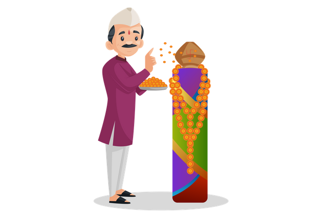 Indian Marathi man is holding flower plate in hand and worship  Illustration