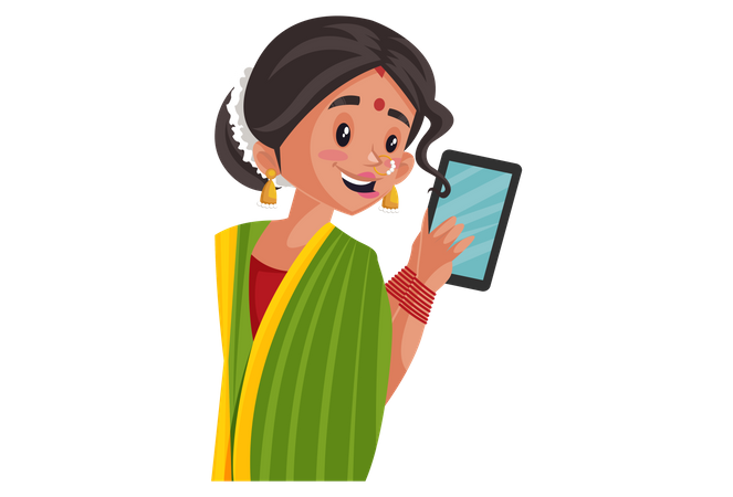 Indian Marathi woman holding Tablet in hand  Illustration