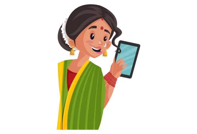 Indian Marathi woman holding Tablet in hand  Illustration