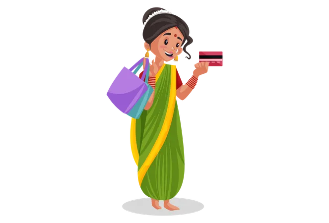 Indian Marathi woman is holding atm card and shopping bags in hand  Illustration