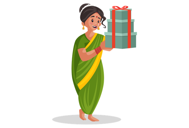 Indian Marathi woman is holding gifts in hands  Illustration