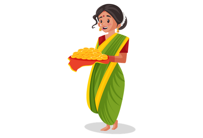 Indian Marathi woman is holding gold coins plate in hands  Illustration