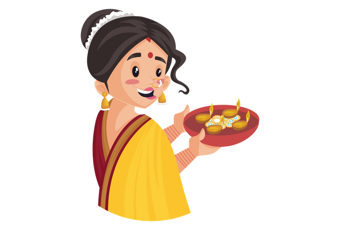 Indian Marathi woman is holding the Diya plate in hand Illustration