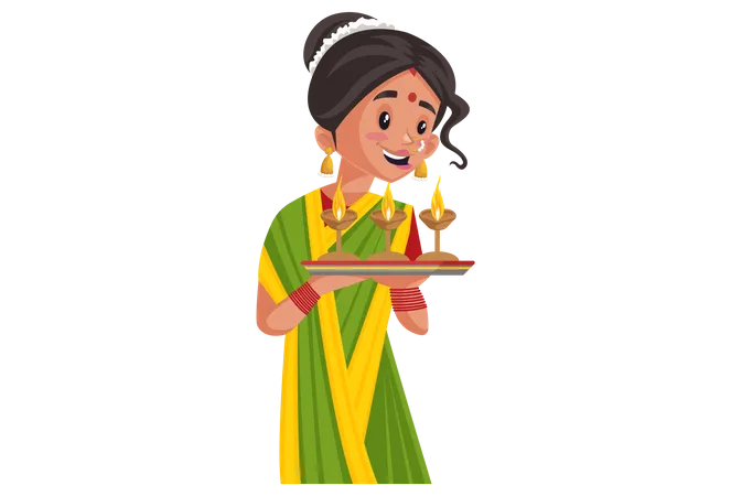 Indian Marathi woman is holding the Diyas plate in hand  Illustration