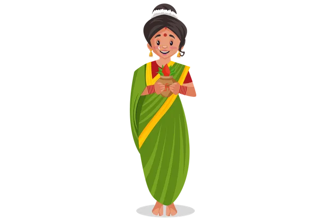 Indian Marathi woman is holding worship vase in hands Illustration