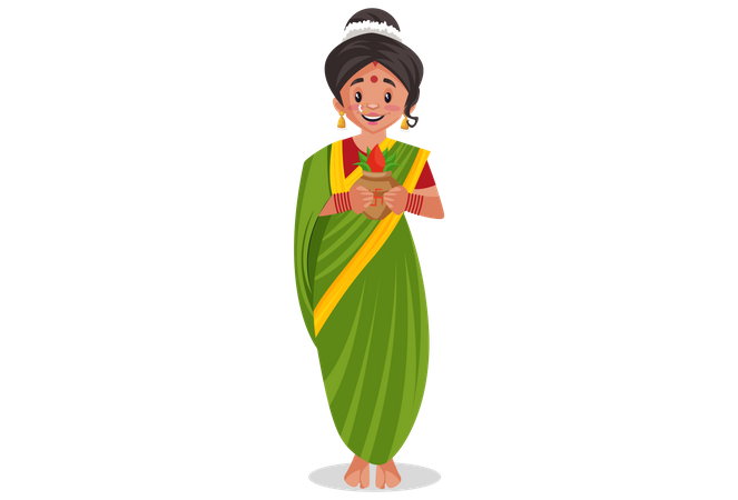 Indian Marathi woman is holding worship vase in hands  Illustration