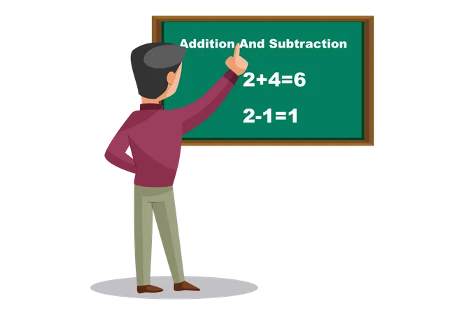 Indian Math Teacher teaching addition and subtraction on board Illustration
