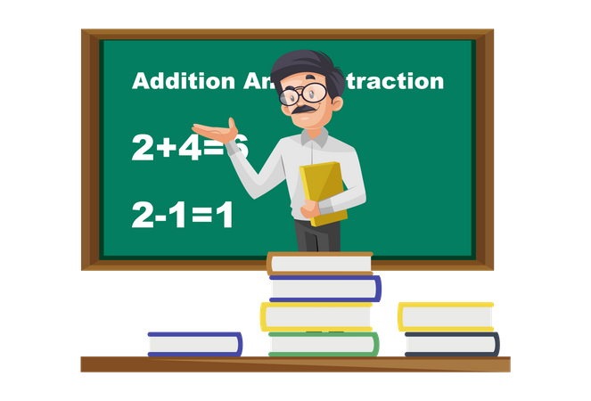 Indian Math Teacher teaching addition and subtraction on board  Illustration