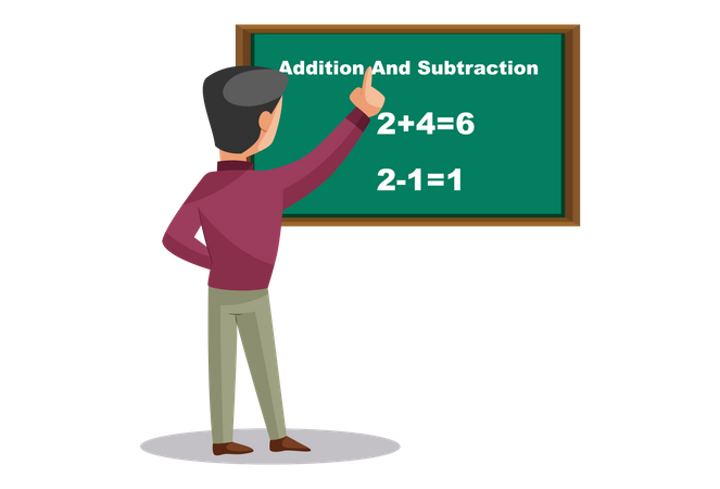 Indian Math Teacher teaching addition and subtraction on board  Illustration