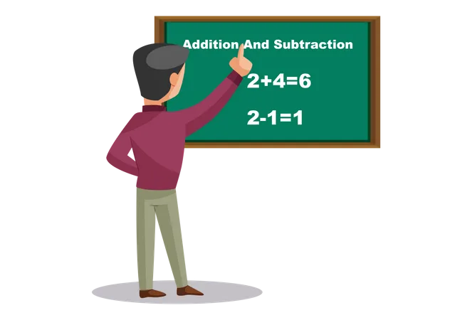 Indian Math Teacher teaching addition and subtraction on board  Illustration