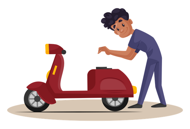 Indian Mechanic checking petrol tank of scooter Illustration