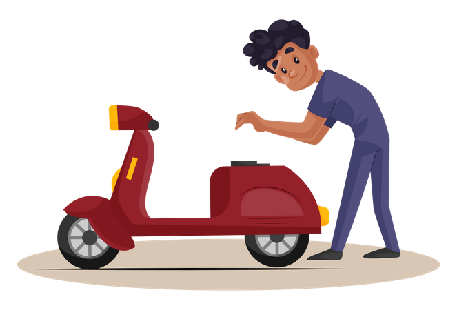 Indian Mechanic checking petrol tank of scooter  Illustration